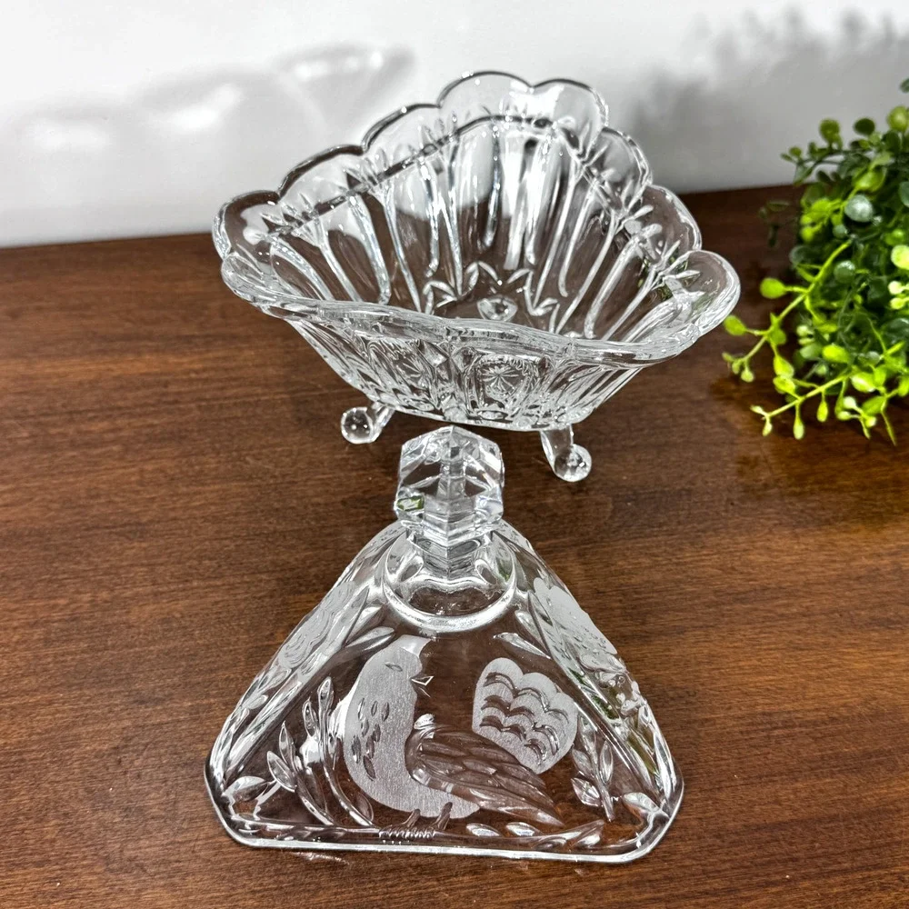 Vintage Cut Crystal Covered Candy Dish Etched Bird 3 Footed Faceted Finial